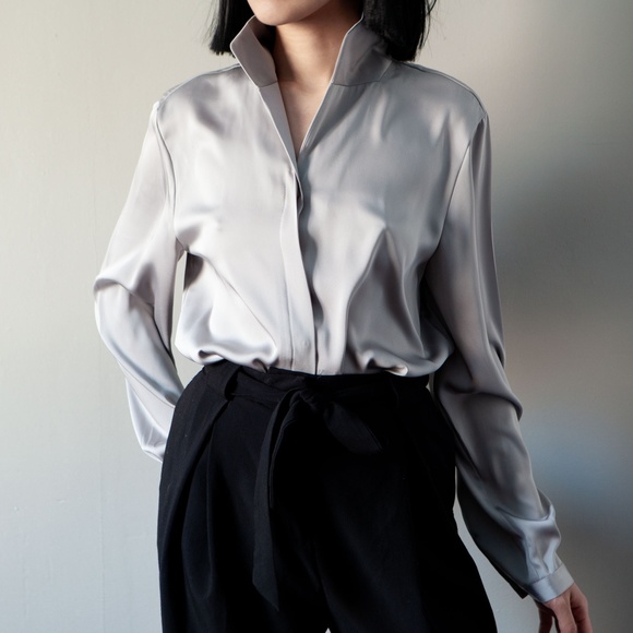 Vintage Top Button Long Sleeve Blouse Grey - Picture 1 of 5